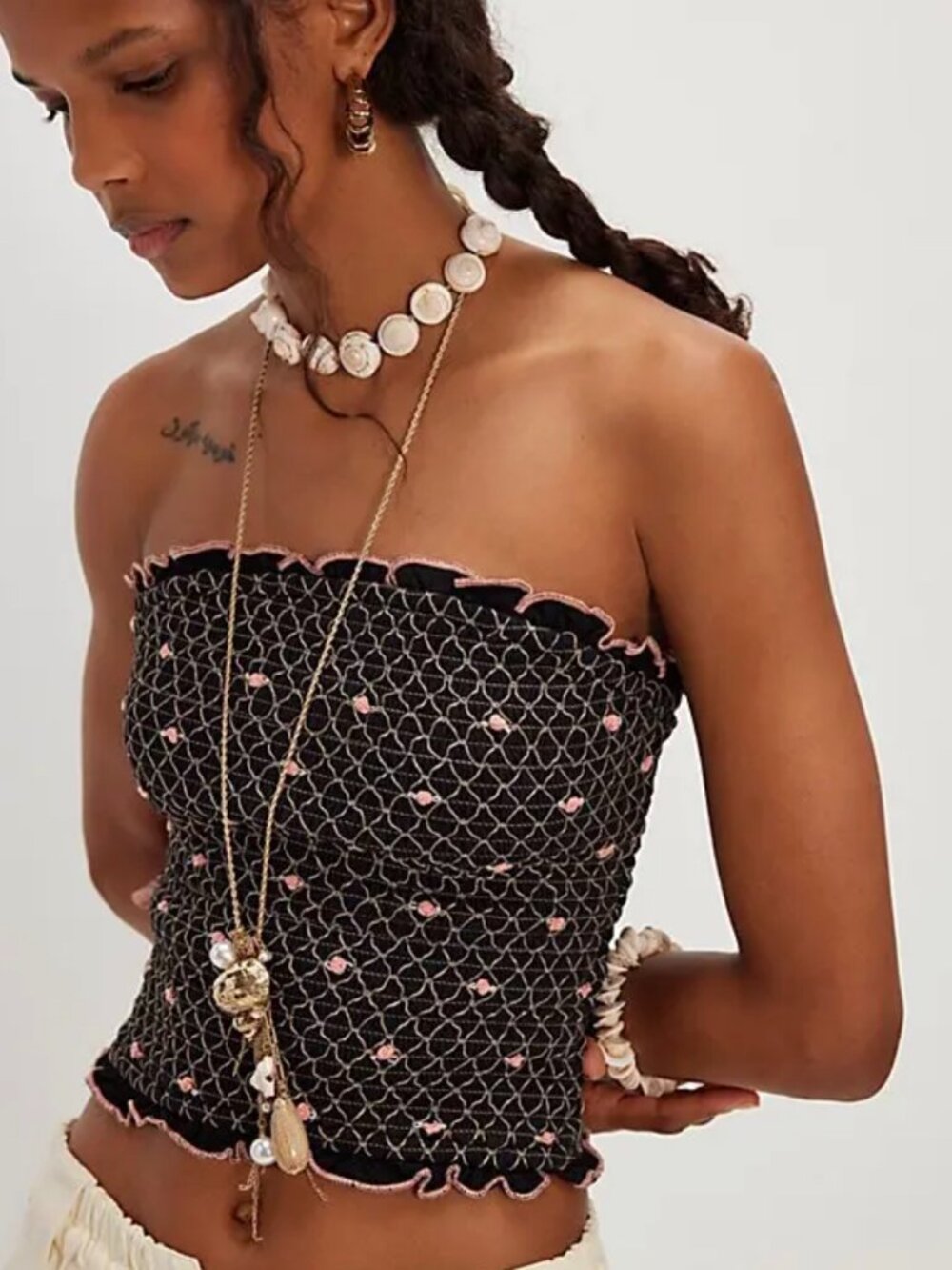 Free People Black Strapless Smocked Crop Top with Pink Accents